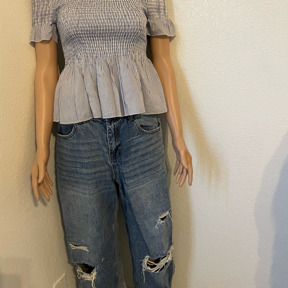 Smocked Peplum Short Sleeve Top in Light Blue Stripe